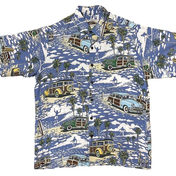 Art of Eddy Y by Reyn Spooner Surfer and Woody Print Short Sleeve Hawaiian Shirt - Picture 1 of 7